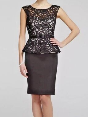 XScape Women's Black Satin And Lace Peplum Dress  - Classic Elegant Style S/M